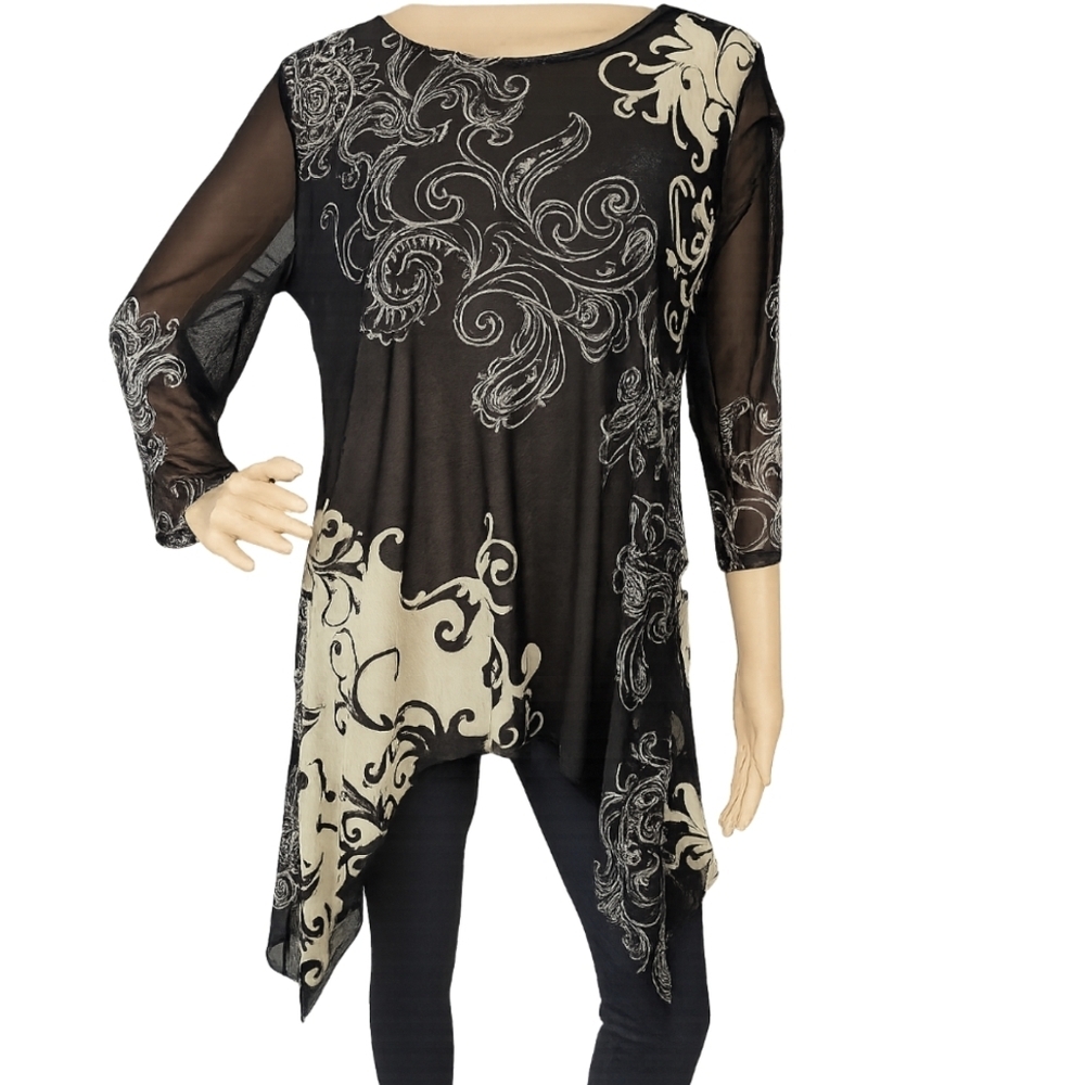 Chico's Asymmetrical Black and Cream Tunic with 3/4 Sleeves